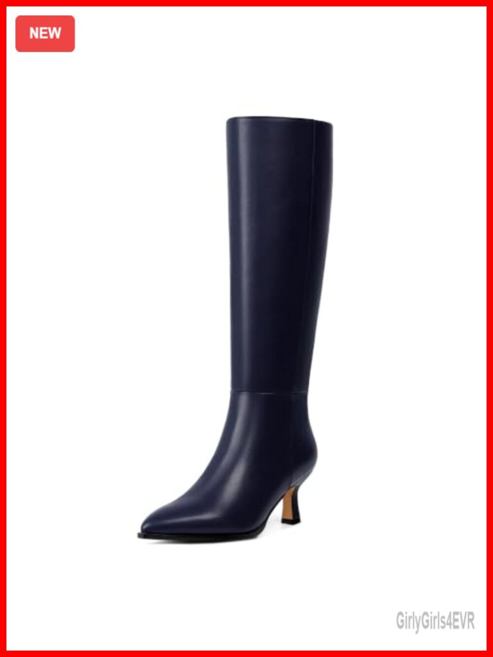 Kitten Heel Knee High Boots Faux Leather Pointed Toe Side Zip Women's